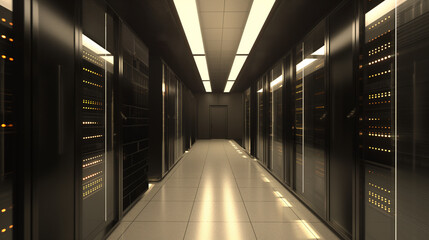 Server room, Data center with operational server racks. Concept: Modern telecomunication, AI, Supercomputer technology. Dark interior.