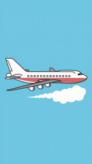 Commercial airliner mid-flight clear blue sky, playful simple style. Copy-space