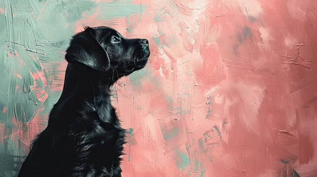 black silhouette of dog on muted pink background oil painting art textured abstract , cards , banners, logos, portraits , posters, 