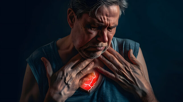 Man experiencing chest pain indicating heart attack or stroke in dramatic lighting.