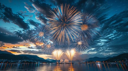 Spectacular Fireworks Illuminating the Dusk Sky Over a Serene Lake