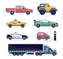 a car, a set of flat icons. types of city cars highlighted on a white background.  for print, postcards, banners, children clothing. modern art png