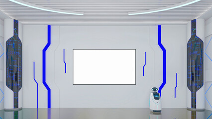 Futuristic Sci-Fi Hallway Interior with smart Robot and Monitor Screen on Wall, 3D Rendering