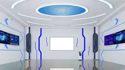 Futuristic Sci-Fi Hallway Interior with smart Robot and Monitor Screen on Wall, 3D Rendering - 774844943
