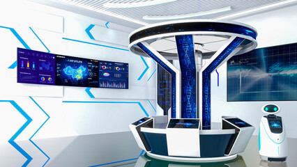 Futuristic Sci-Fi Hallway Interior with Information Desk, Smart Robot and Monitor Screen on Wall, 3D Rendering