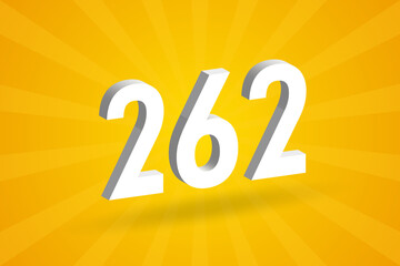 3D 262 number font alphabet. White 3D Number 262 with yellow background