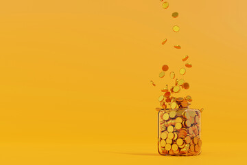 Gold coin falling in glass jar, until full, savings growth money concept, bank deposit, 3D rendering. - 774844998