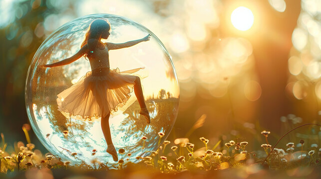 a ballet dancer girl in glass globe imaginary fairy dance illustration International Dance Day 29 april Design template for banner, flyer, invitation, brochure, poster or greeting card.