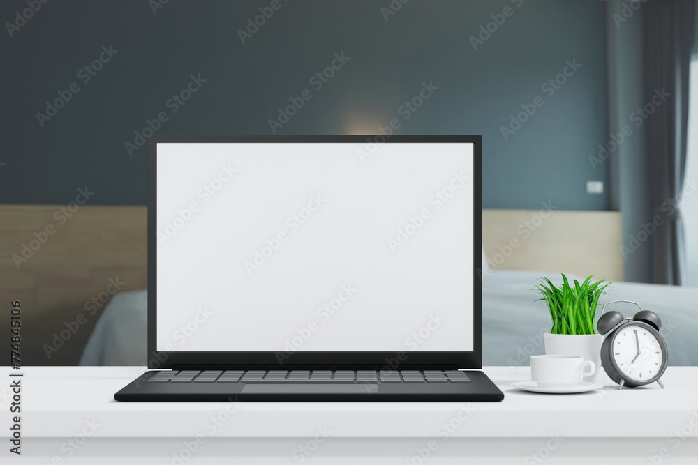 Canvas Prints laptop open to show green screen close up display in bedroom, application website present, 3d render