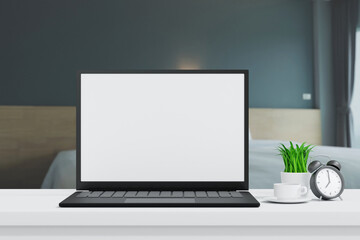 Laptop open to show green screen close up display in bedroom, application website present, 3D rendering - 774845106