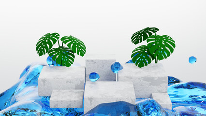 Podium with pure water splash fountain waterfall and tree, for cosmetics or beauty product show, 3D rendering. - 774845107