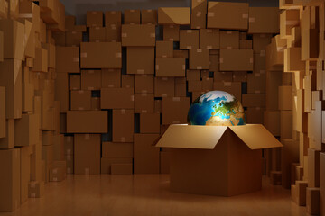World global floating out of the parcel box in warehouse, worldwide logistic delivery concept, 3D rendering.