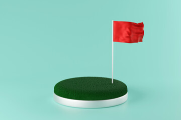 Green grass podium with red flag for product show, 3D rendering. - 774845129