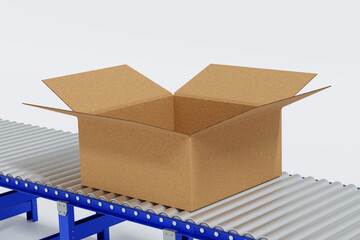 Cardboard box parcel on conveyor belt, production ling automated machine, 3D rendering.