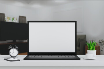 Laptop open to show green screen close up display in living room, application website present, 3D rendering - 774845146