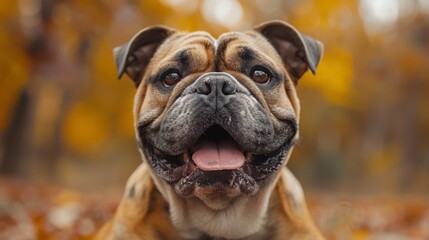 Fototapeta premium Joyful Bulldog Captured in Vibrant Autumn Setting