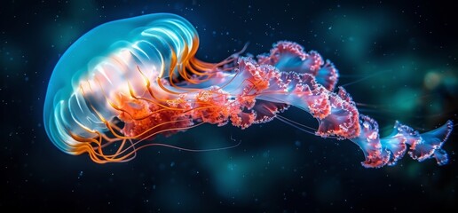 Fototapeta premium Bioluminescent Jellyfish Glowing Under the Deep Blue Sea