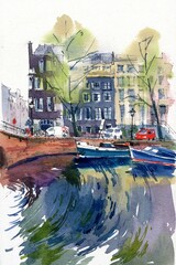 Watercolor illustration of amsterdam canal, city landscape, bridge and river.