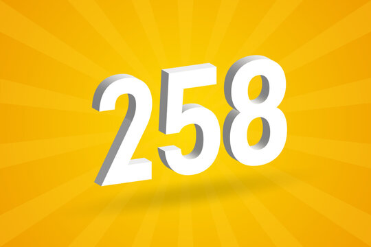 3D 258 number font alphabet. White 3D Number 258 with yellow background
