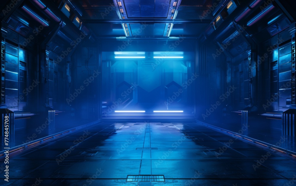 Wall mural Futuristic Industrial Alien Interior Empty Studio Ultra Modern Laser Glowing with Black Colors 3D Rendering