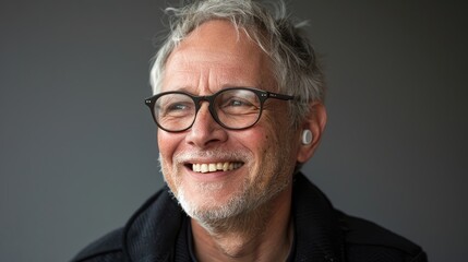 Obraz premium Laughing senior Caucasian man with earbuds and stylish eyeglasses.