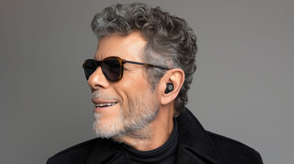 Obraz premium Smiling senior Caucasian man with salt-and-pepper hair, sunglasses, and earbuds.