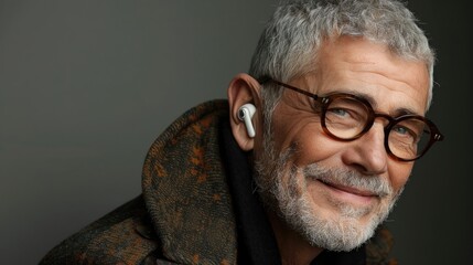 Elderly Caucasian man with white beard, glasses, and earphones, smiling to the side. - obrazy, fototapety, plakaty