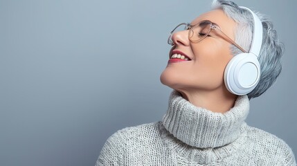 Cheerful senior woman with white headphones, glasses, and a cozy sweater. - obrazy, fototapety, plakaty