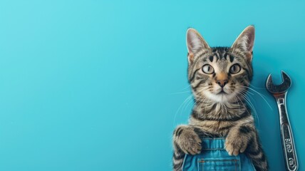 Cat wearing overalls and holding wrench against blue background, mimicking mechanic
