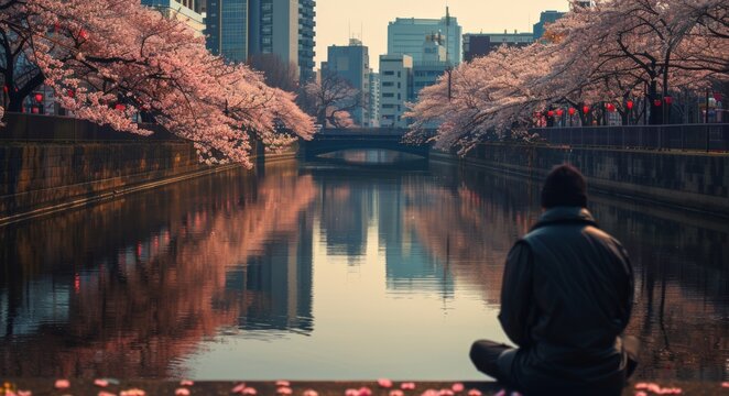 Reflective Solitude: Cherry Blossoms and Cityscape by a Calm River at Dusk