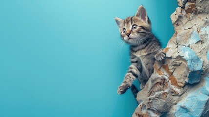 Playful kitten with striped fur is climbing on rocky surface against blue background