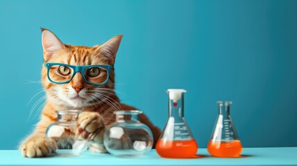 Orange tabby cat with blue glasses sitting behind chemistry glassware on background - obrazy, fototapety, plakaty