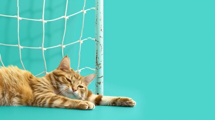 Ginger cat lounging against small soccer net with teal background - obrazy, fototapety, plakaty