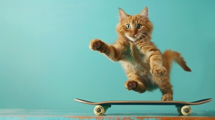 Orange cat rides skateboard with blue background - obrazy, fototapety, plakaty
