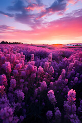 Lavender bushes in a field at sunset