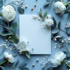 5x5 blank white card, flat minimalist mockup, light blue background, blue bridal and wedding floral wedding invitation suite,