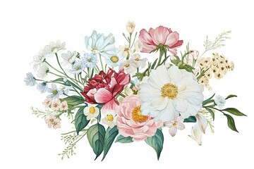 Beautiful Watercolor Illustration of a Vibrant Bouquet of Flowers on a Clean White Background - obrazy, fototapety, plakaty