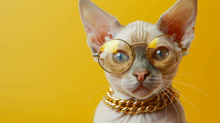 Sphynx cat wearing eyeglasses and gold necklace on yellow background.