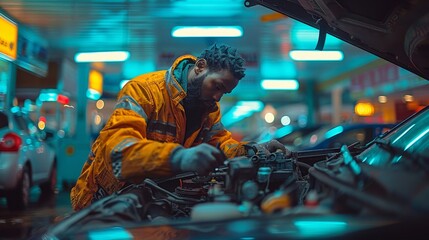 an auto mechanic works in a workshop. the concept of car service, repair, maintenance