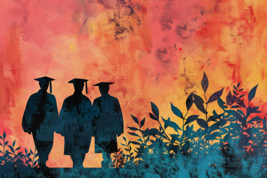 Silhouette of group graduate students on bright background, illustration