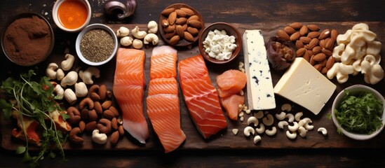 A wooden cutting board is displayed up close with an assortment of ingredients such as fish, nuts,...