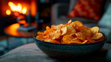 Cozy Indoor Setting with a Bowl of Crispy Chips by a Warm Fireplace - obrazy, fototapety, plakaty