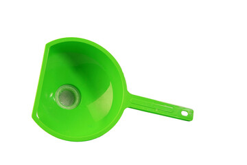 Plastic funnel for filling with water.On a white isolated background.A place for the text.Filling with liquid.Green color
