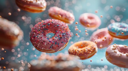A Whimsical Display of Floating Donuts Against a Vibrant Backdrop - obrazy, fototapety, plakaty