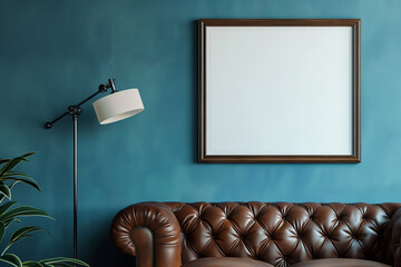 A single blank picture frame on a teal wall, elegantly complemented by a brown leather couch and a stylish wall-mounted lamp