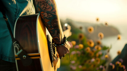 An artistic man playing the guitar in a field of flowers. The sun is setting and the sky is ablaze with color.