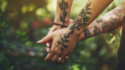 A couple is holding hands in a loving way. The woman has a tattoo of a rose on her wrist, and the man has a tattoo of a vine on his wrist. - obrazy, fototapety, plakaty