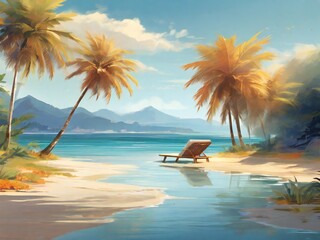 summer tropical beach background. views of mountains, sea, blue sky, coconut trees. design for banner, poster, social media, web. generative ai