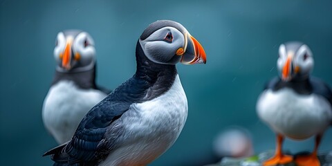 Close-up of an Atlantic puffin, also known as a common puffin, showcasing its vibrant orange beak. Concept Wildlife Photography, Atlantic Puffin, Close-up Portrait, Vibrant Orange Beak