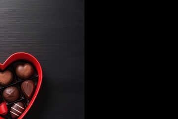 A heart-shaped box filled with assorted luxury chocolates on a dark, elegant background with copy space. Valentine's Chocolate Box on Dark Background - Powered by Adobe